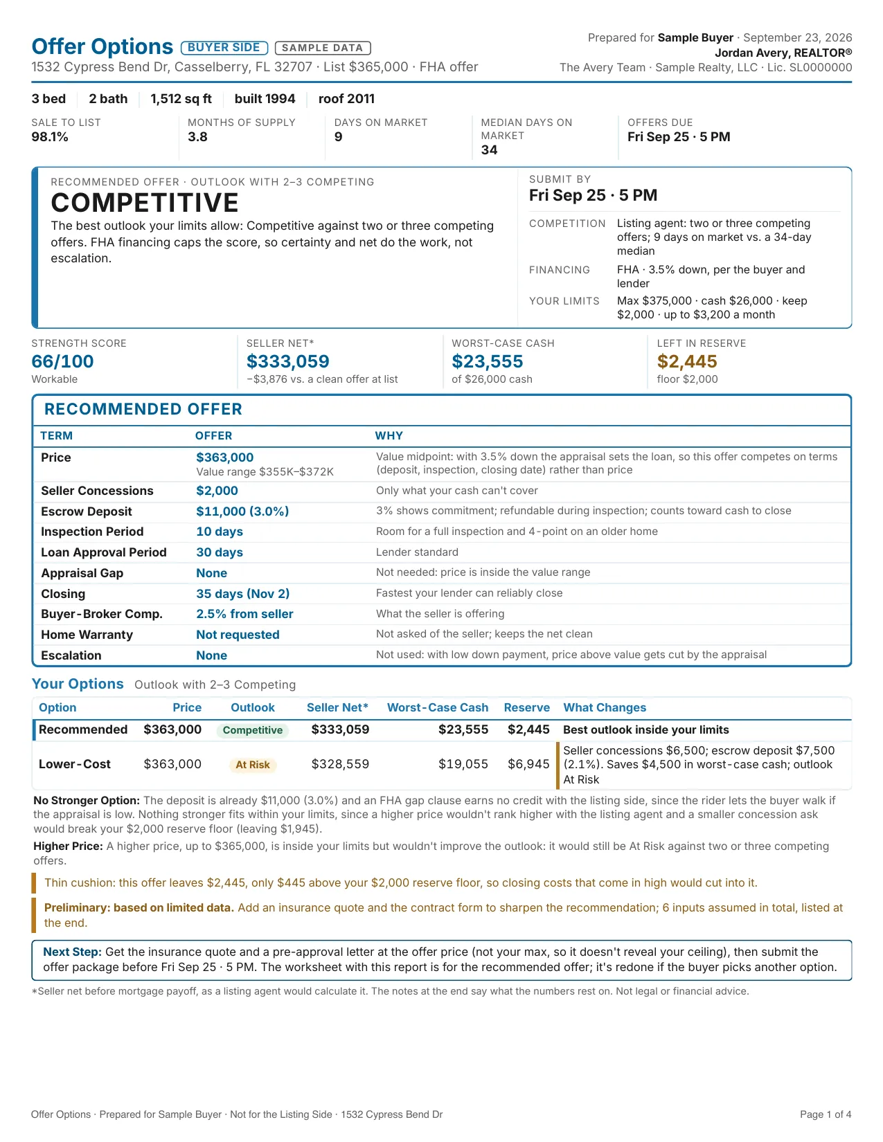Page one of a sample offer options report: a recommended offer, its terms and how it compares with competing offers.